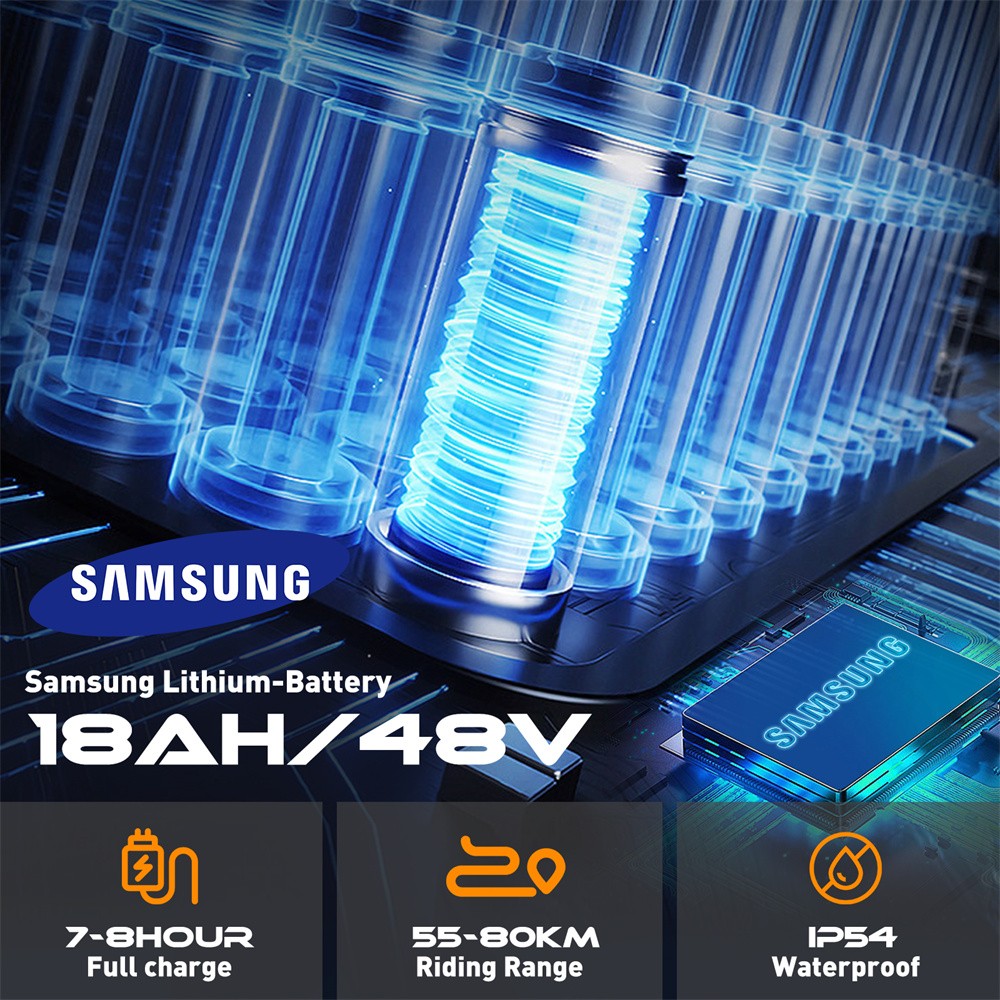 Samsung lithium battery with technical specifications on a dark background