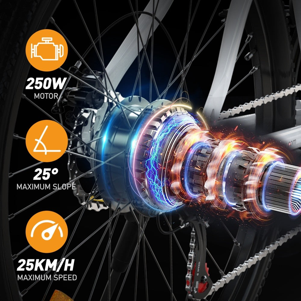 Close-up of a bicycle gear system with technical specifications on a dark background