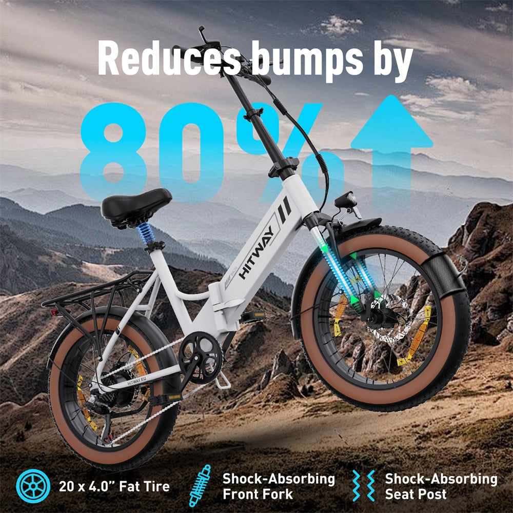 White electric bike with mountainous background and text highlighting features
