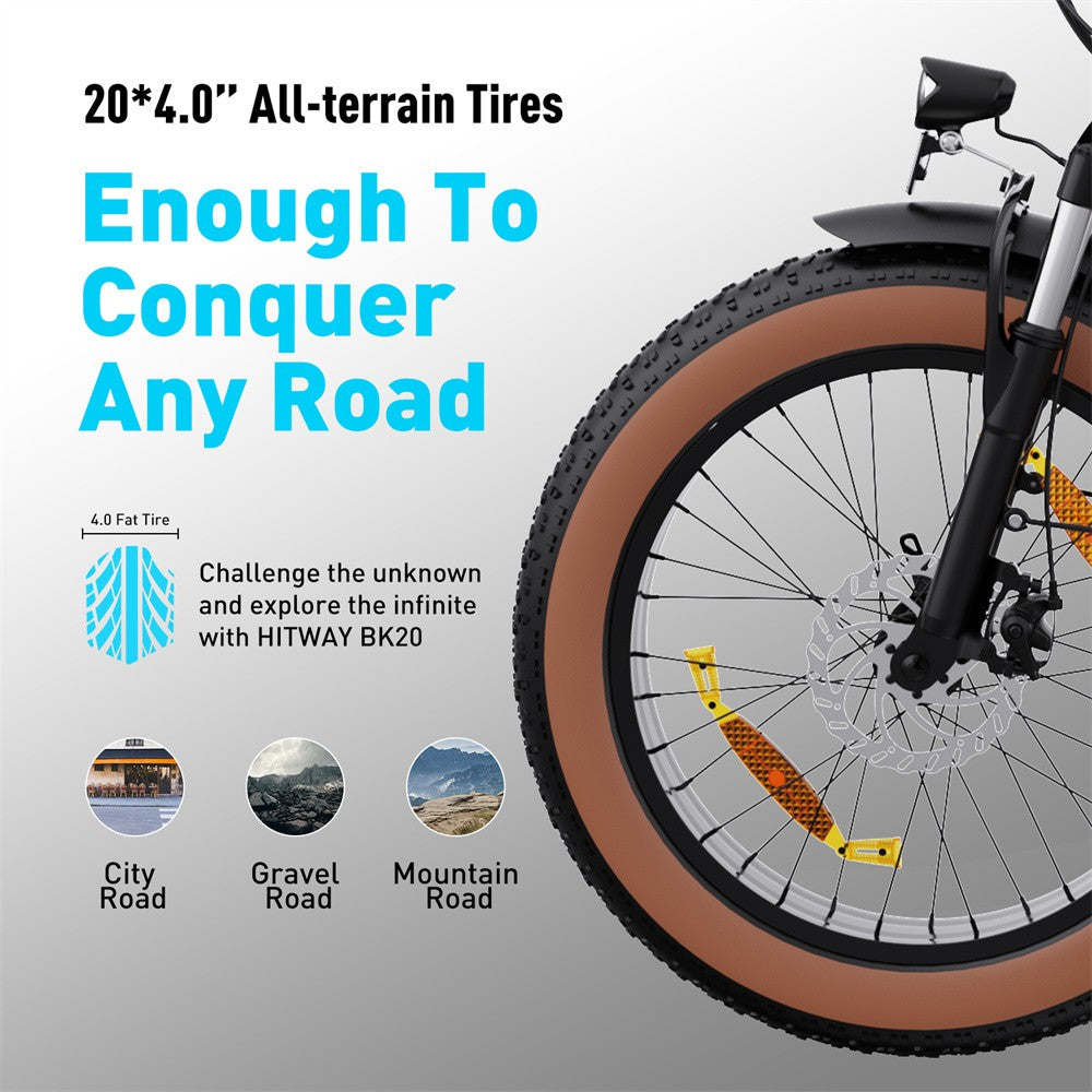 Bicycle wheel with all-terrain tires and promotional text on a gray background