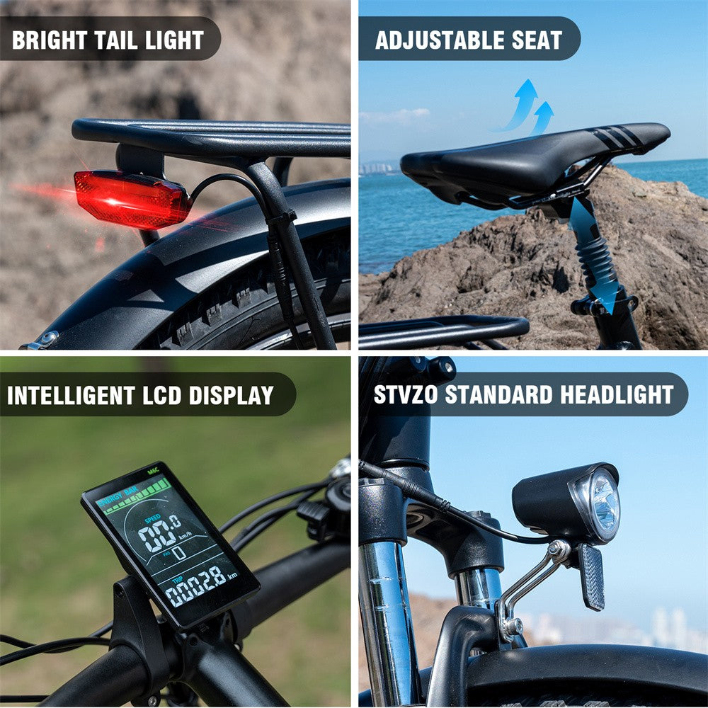 Bicycle features including tail light, adjustable seat, LCD display, and headlight.