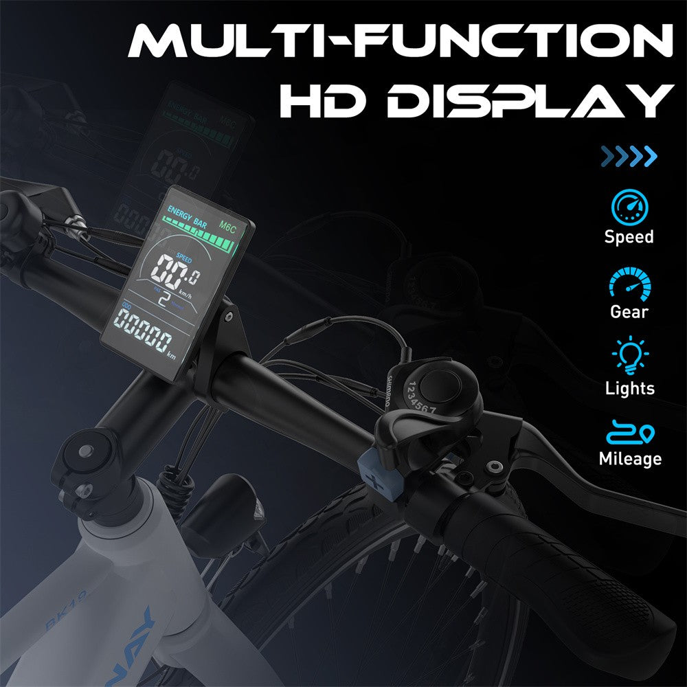 Bicycle handlebar with multi-function HD display and control buttons on a dark background