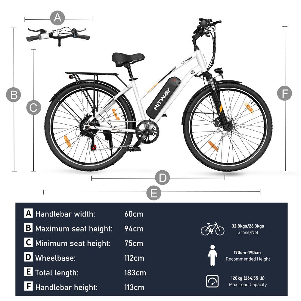 Electric bike with dimensions labeled on a white background