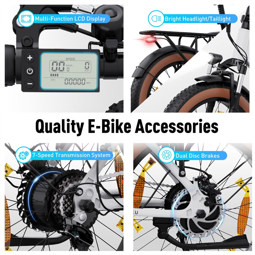 E-bike accessories with features highlighted on a white background
