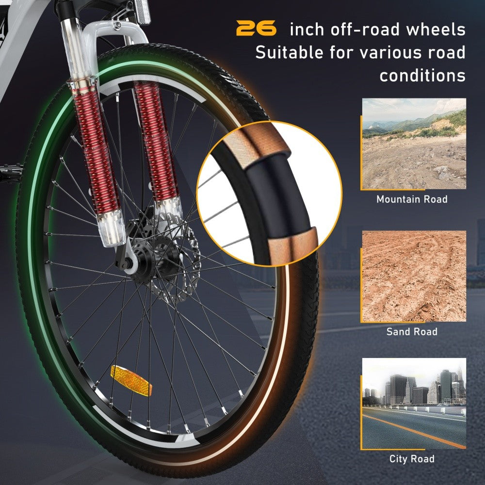 26-inch off-road wheel with suspension fork on a dark background, showing suitability for different road conditions.