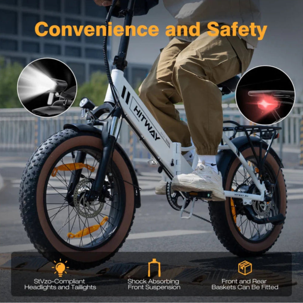 Person riding a Hitway electric bike with features highlighted on a blurred city street background.