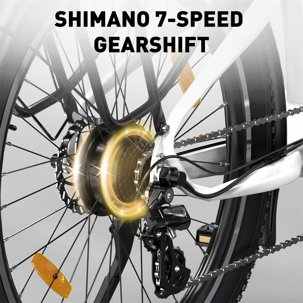 Bicycle gear system with Shimano 7-speed gearshift on a white background