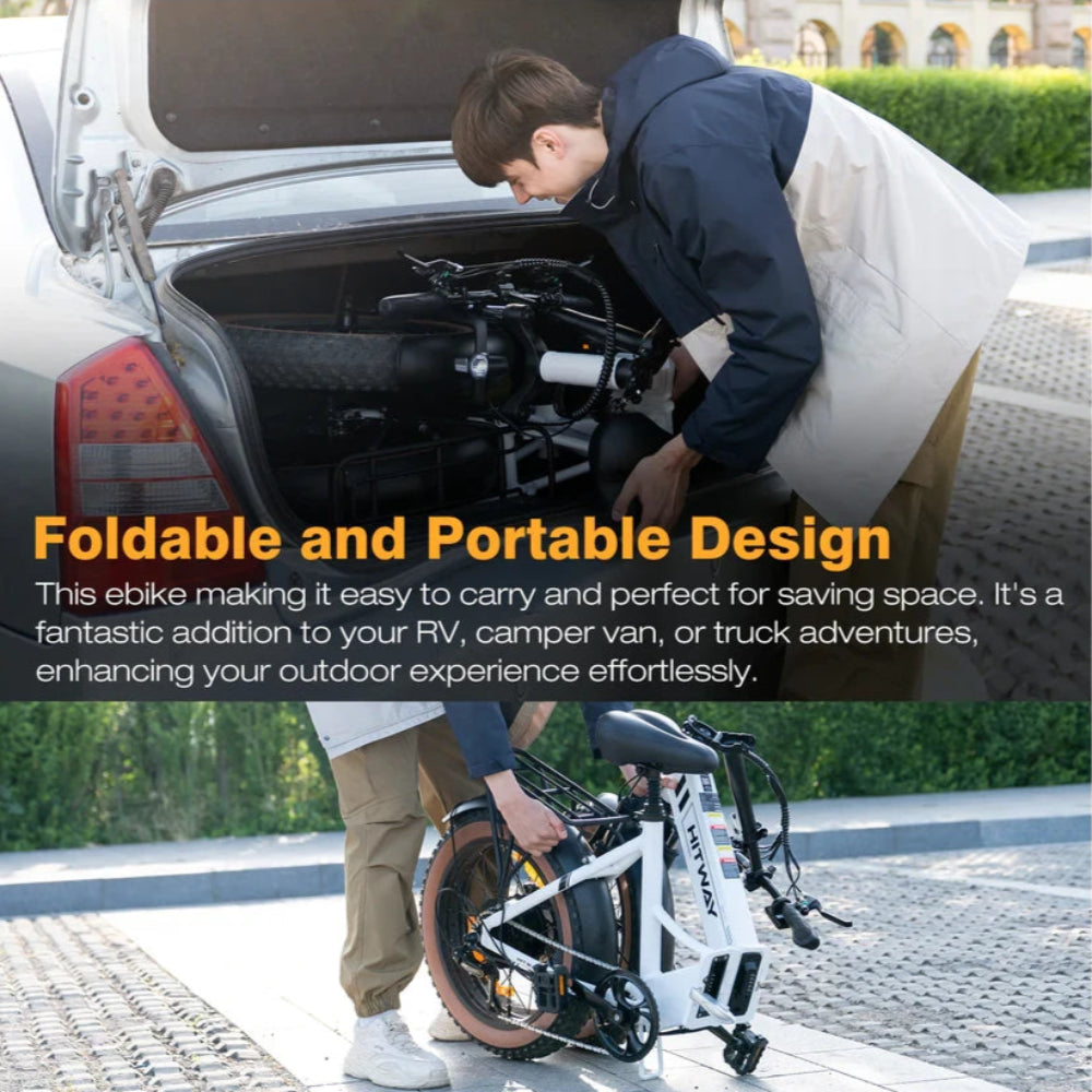 Person loading a foldable electric bike into the trunk of a car with text highlighting its portability.