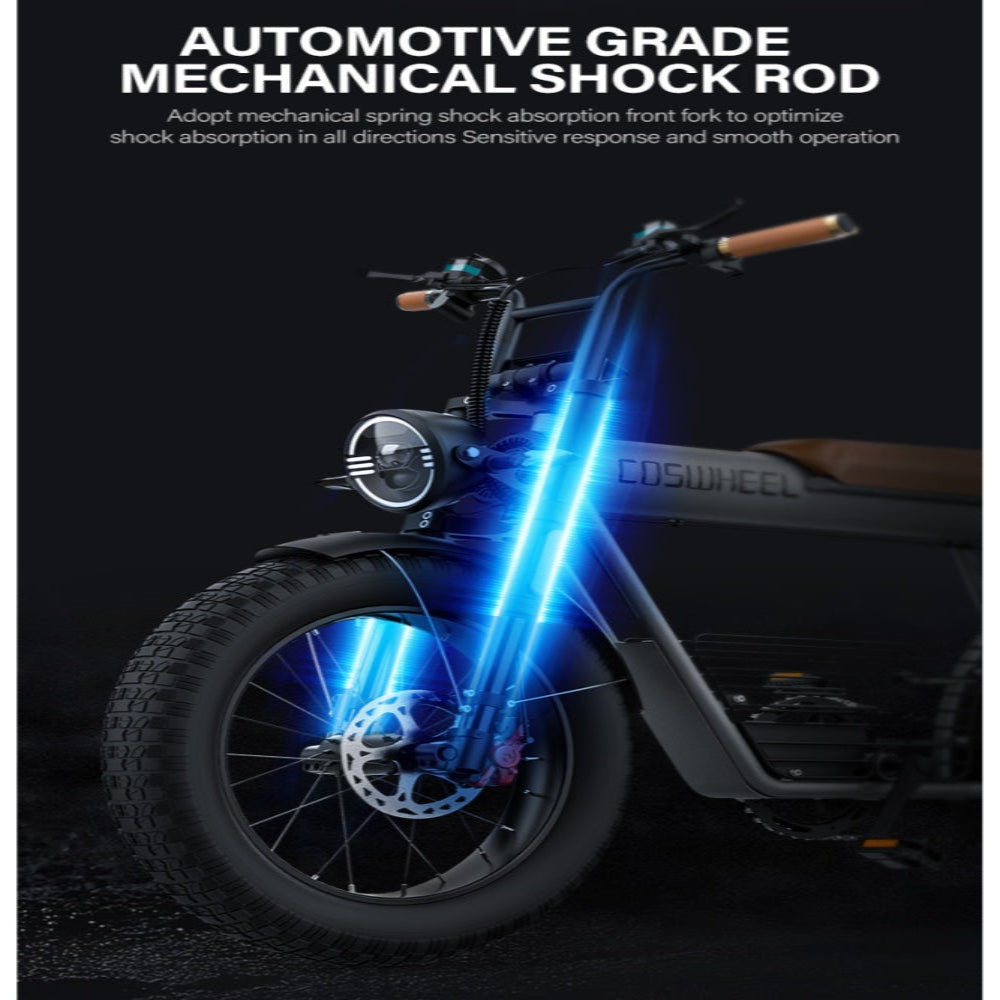 Motorcycle with highlighted mechanical shock rod on a dark background.