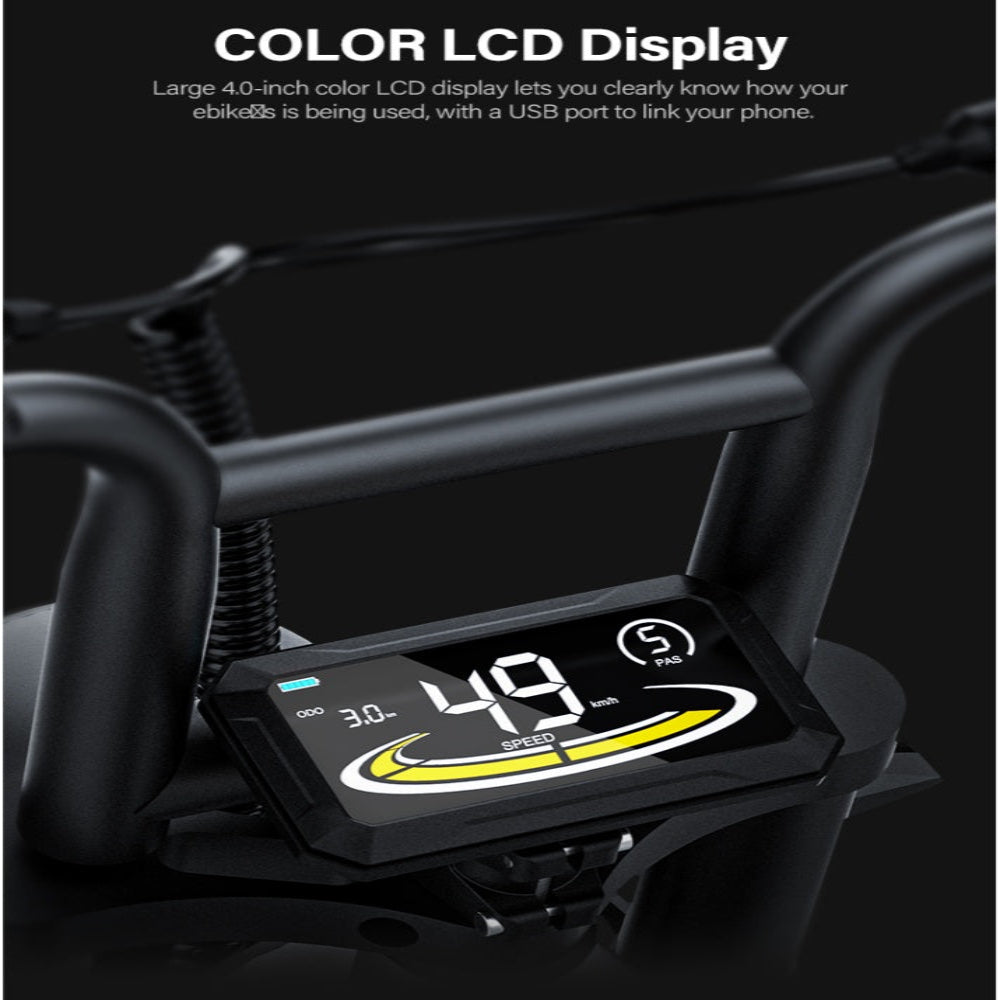 Color LCD display on a bicycle handlebar with USB port.