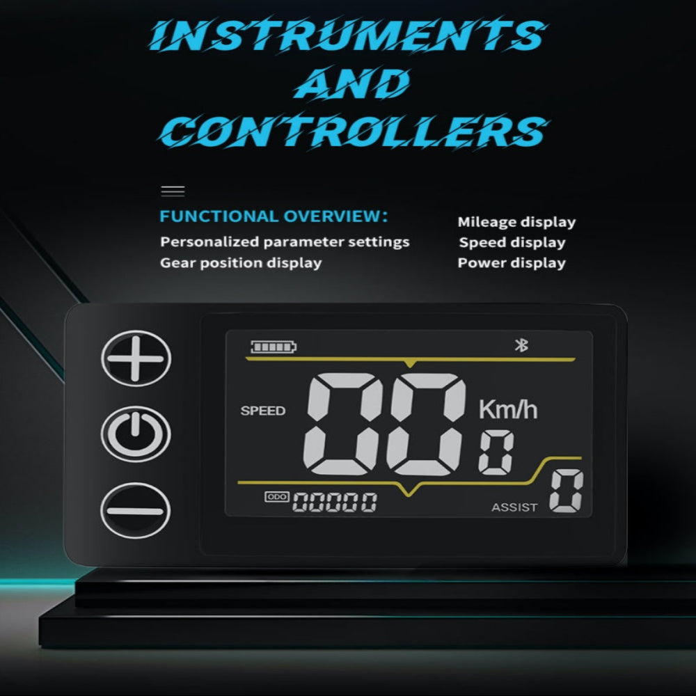Digital instrument display with speed and power indicators on a dark background.