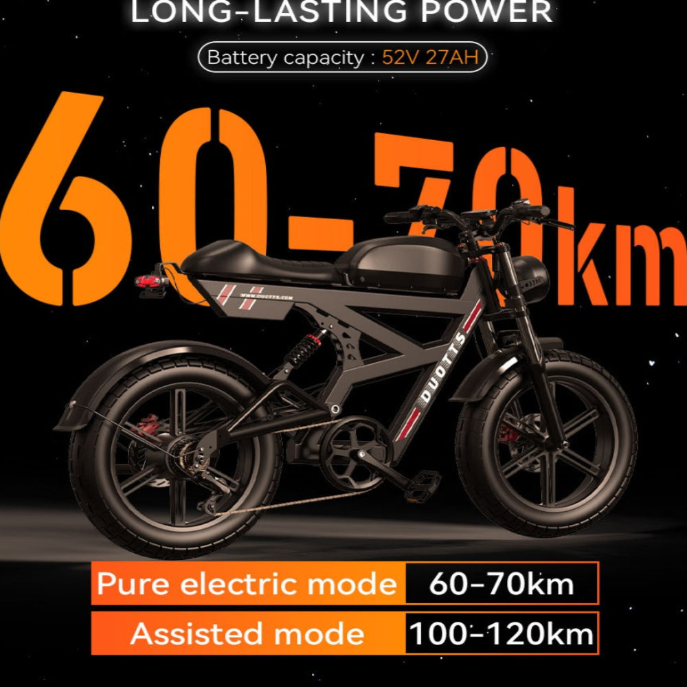 Black electric bike with orange and white text highlighting range and capacity.