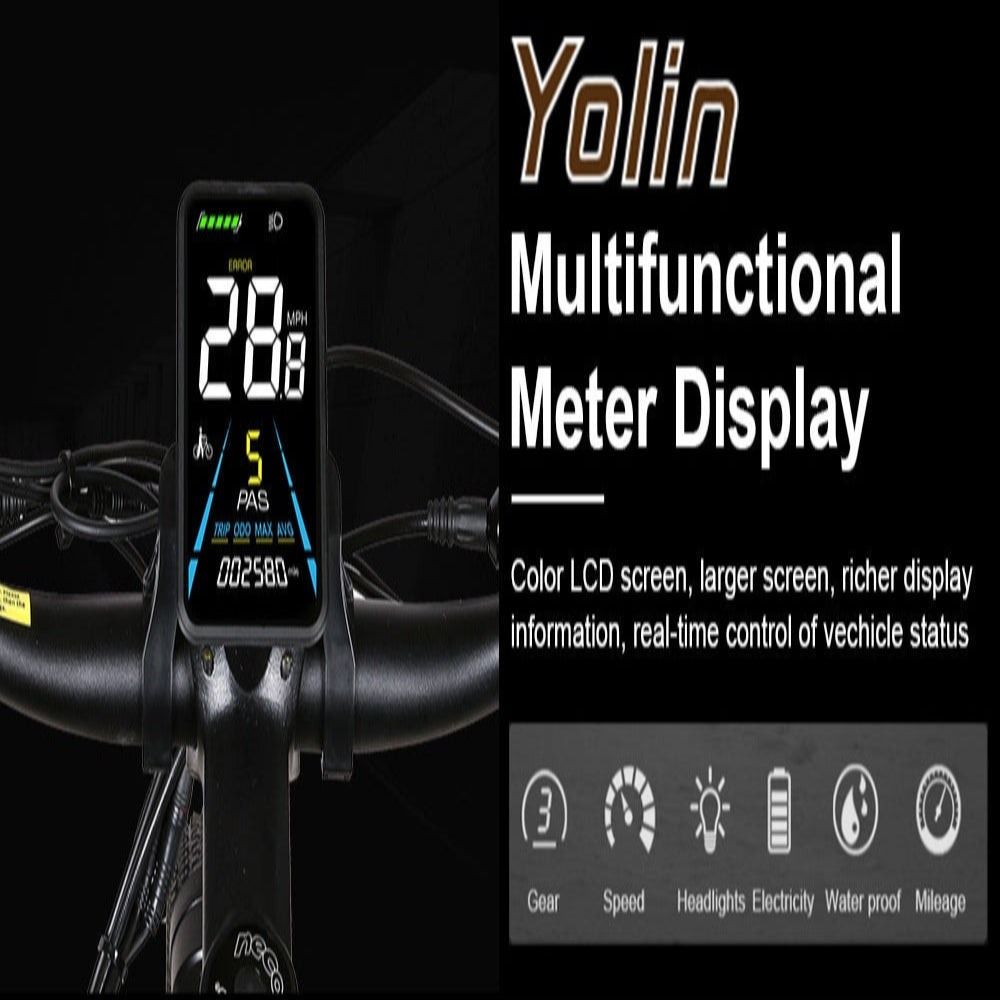 Multifunctional meter display on a bike handlebar with Yolin branding.