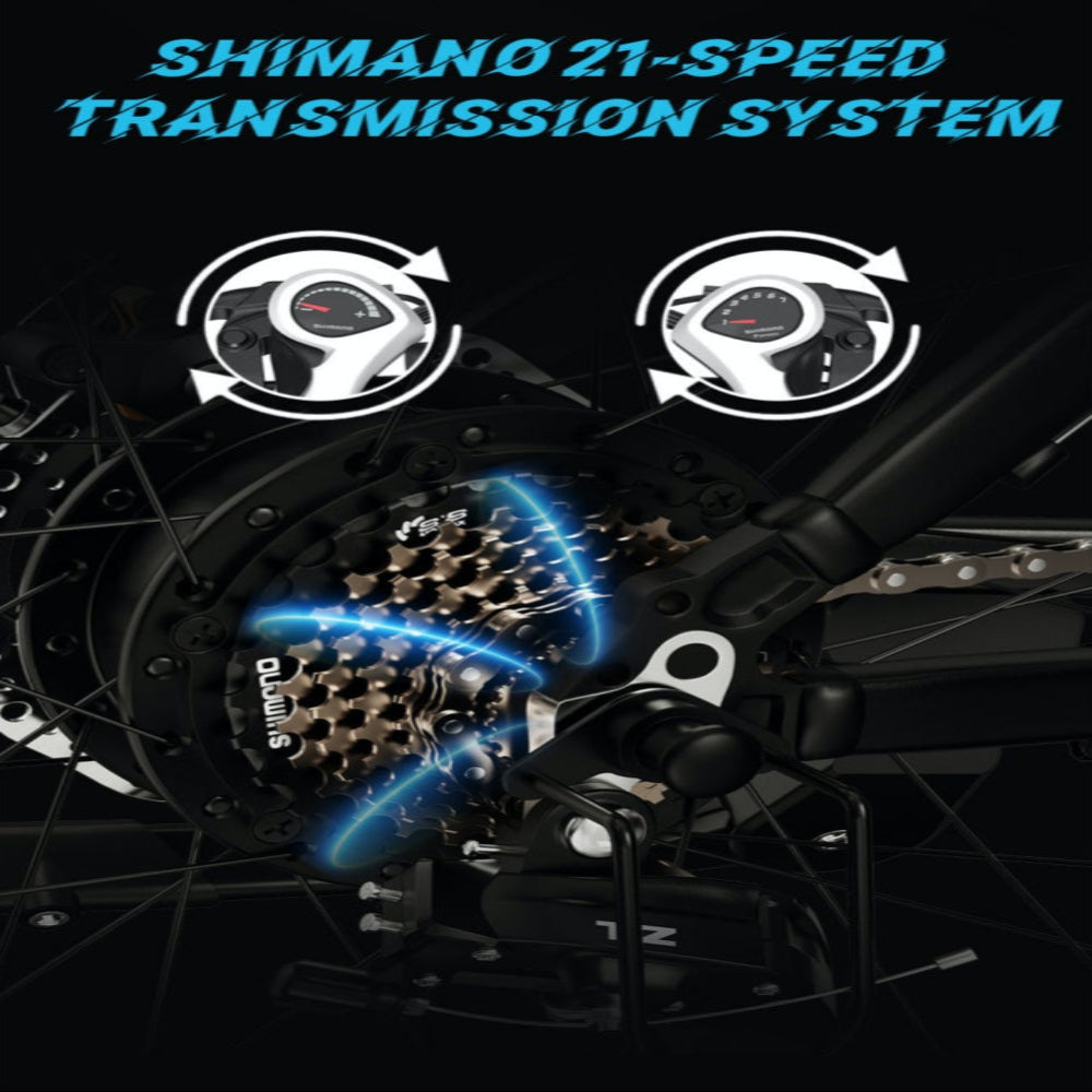Diagram of Shimano 21-speed transmission system with gears and cogs.