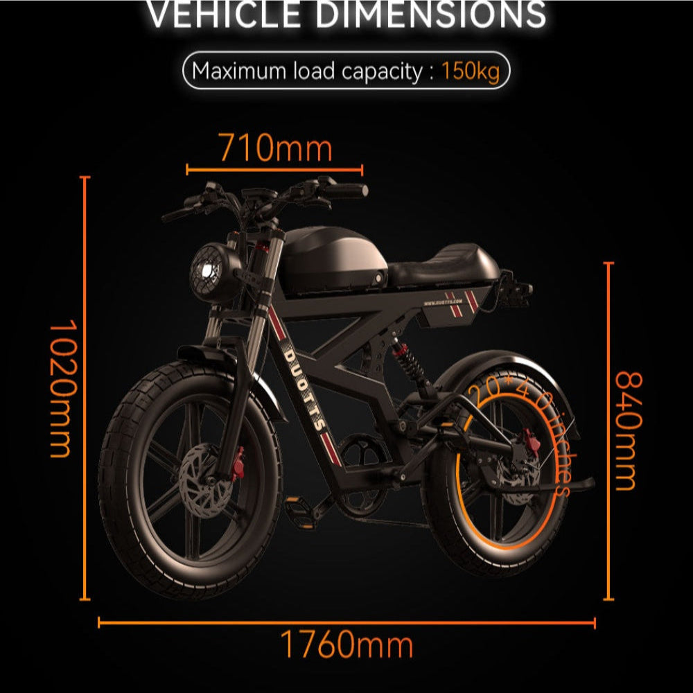 Electric bike with measurements and maximum load capacity on a black background