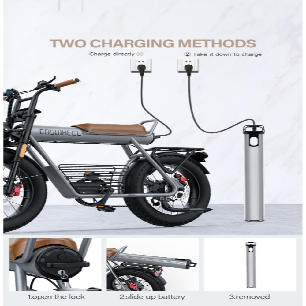 Electric bike with charging methods and lock mechanism displayed.