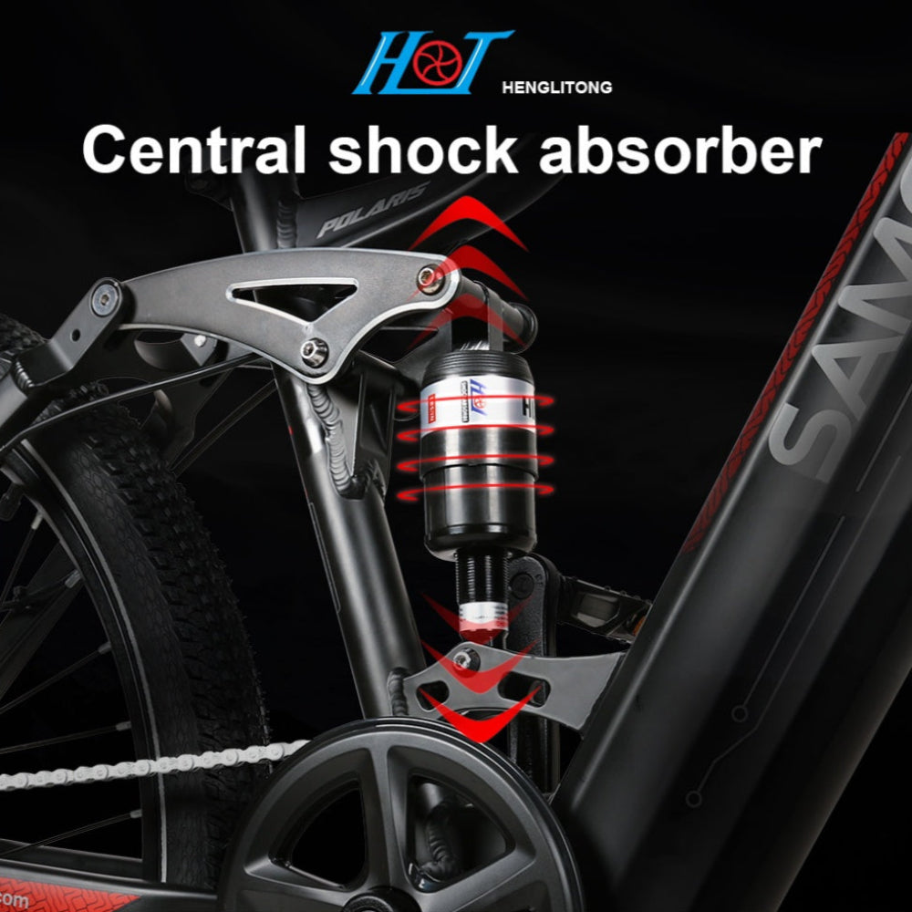 Bicycle with central shock absorber labeled 'Henglitong' on a black background