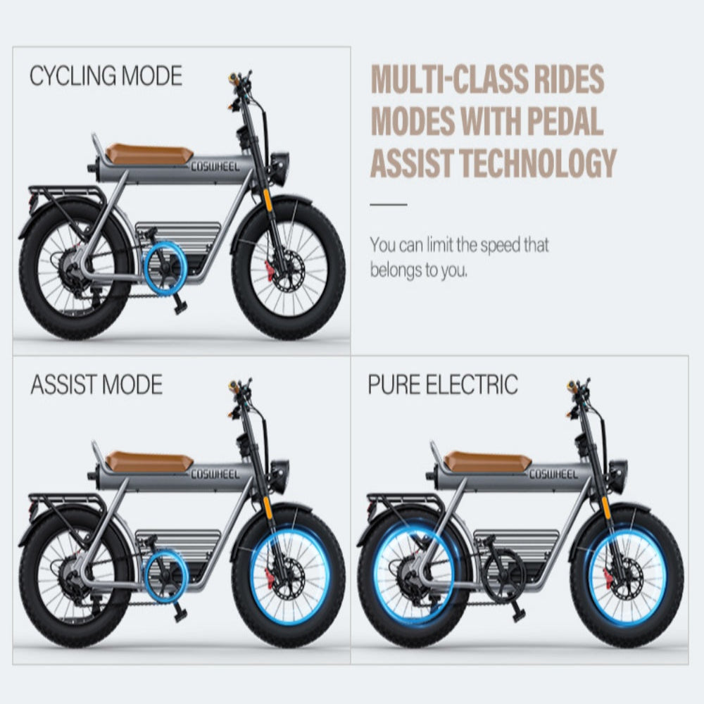 Three modes of an electric bike with different designs and text on a white background.