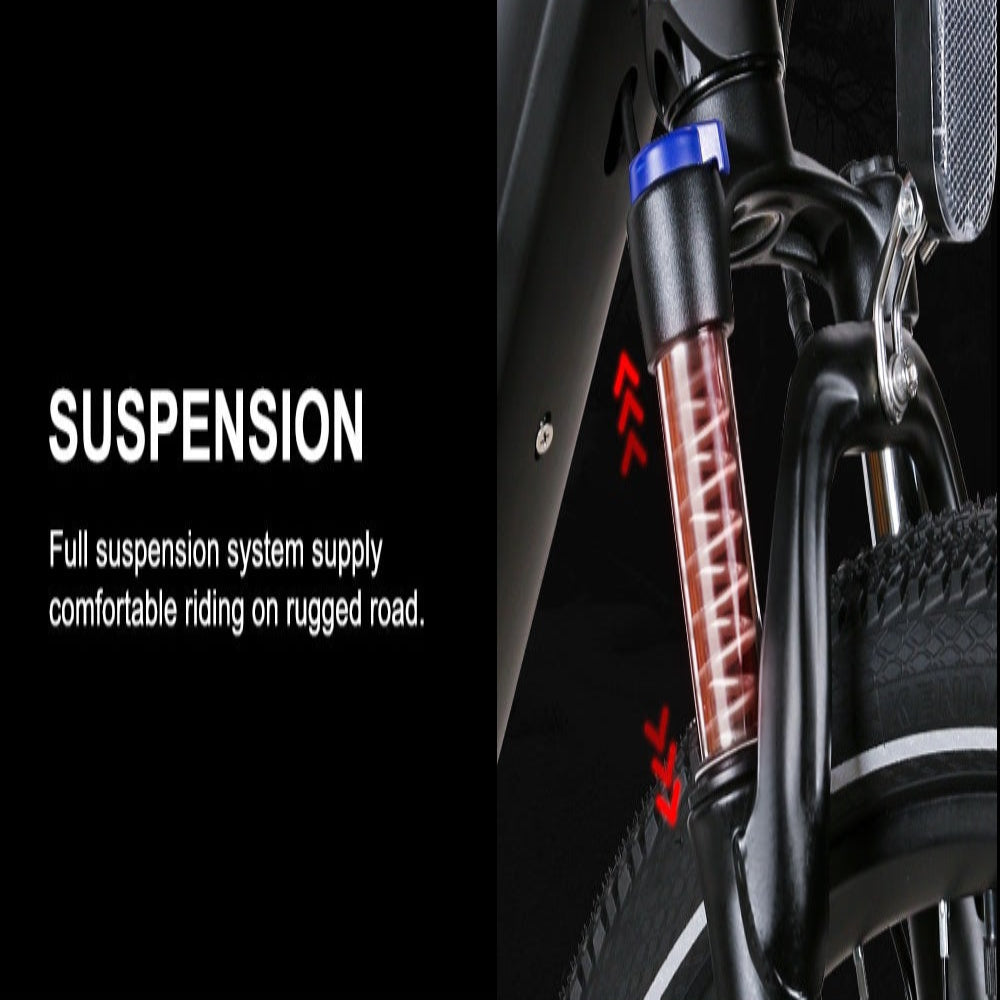 Bicycle suspension system with text highlighting its features on a black background