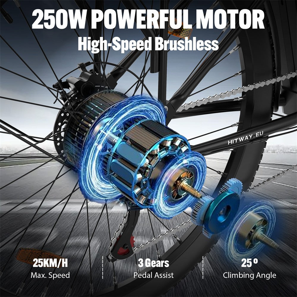 Bicycle wheel with a high-speed brushless motor and key features highlighted.
