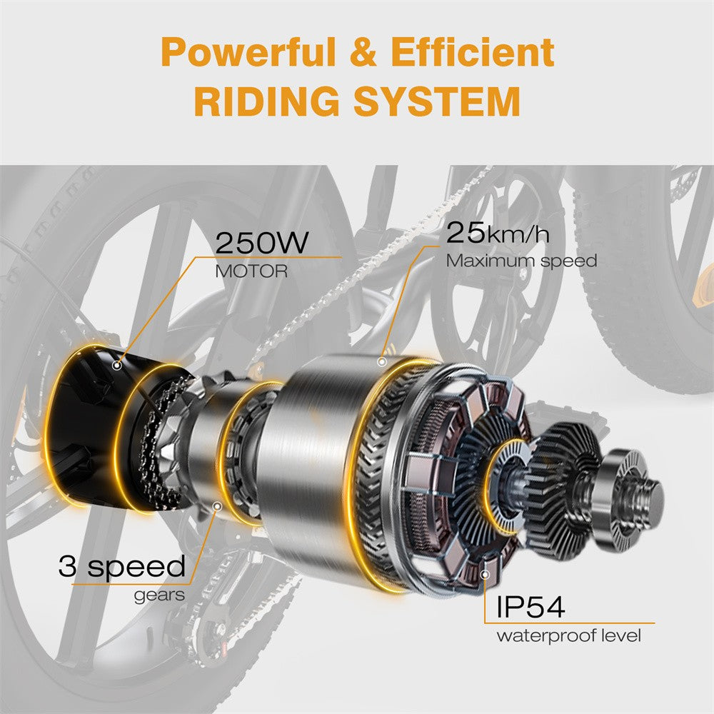 Motor system with specifications on a blurred bicycle background