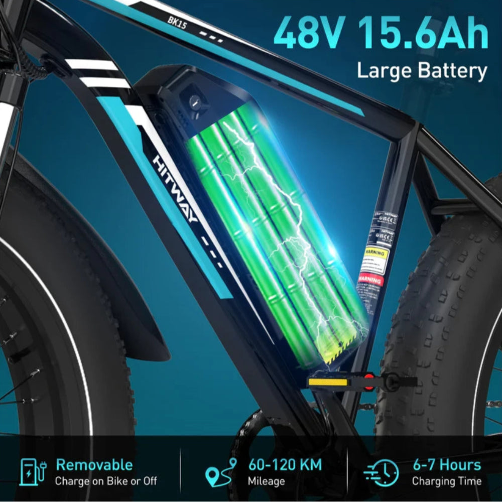 Electric bike with a large battery pack labeled '48V 15.6Ah' on a blue background.