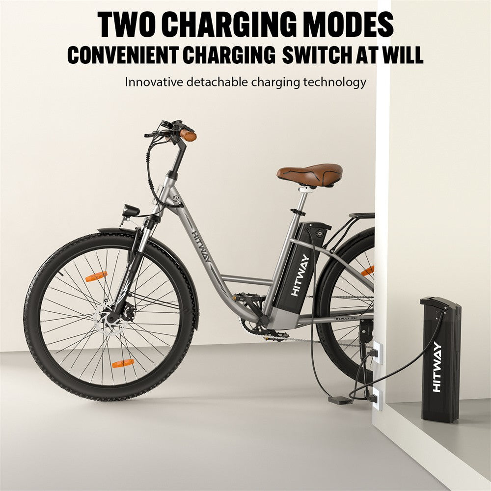 Electric bike with charging cable and battery, featuring HITWAY branding.