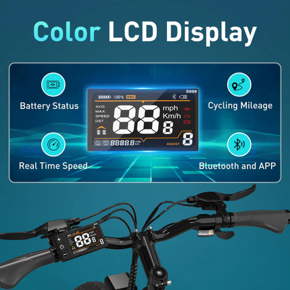 Color LCD display for a bicycle with various functions on a blue background