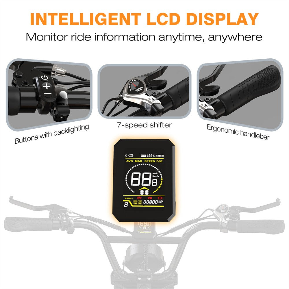 Bicycle handlebar with intelligent LCD display, 7-speed shifter, and ergonomic handlebar on a white background.