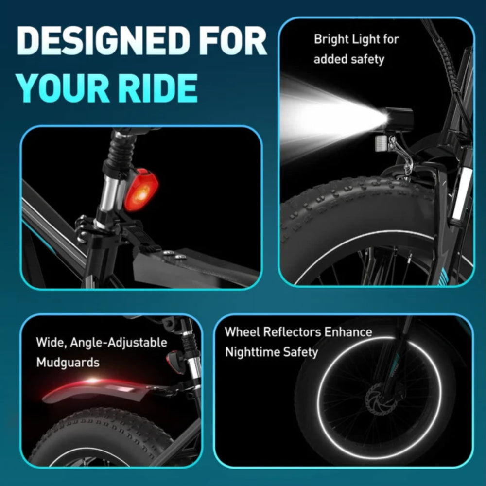 Bicycle features with text highlighting safety and design elements on a blue background