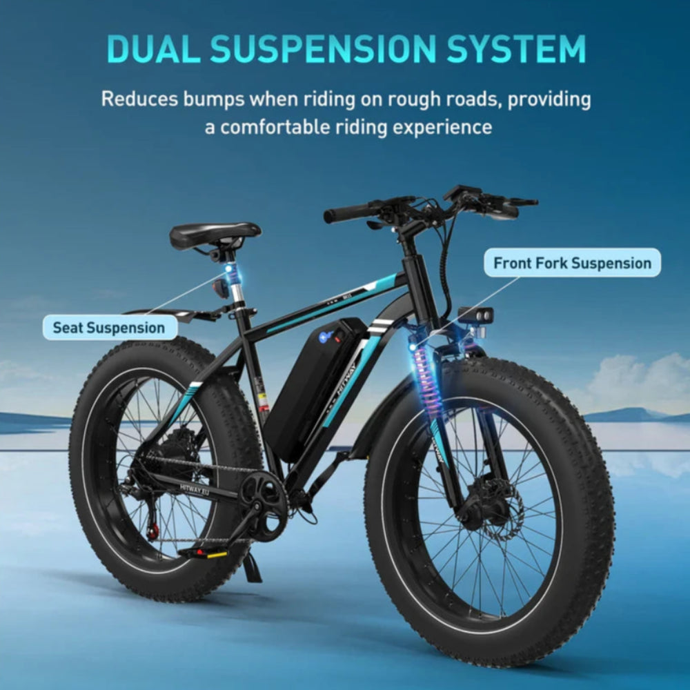 Electric bike with dual suspension system features on a blue background