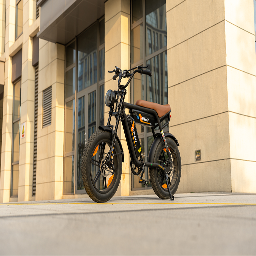 Electric bike parked on a sidewalk in an urban setting