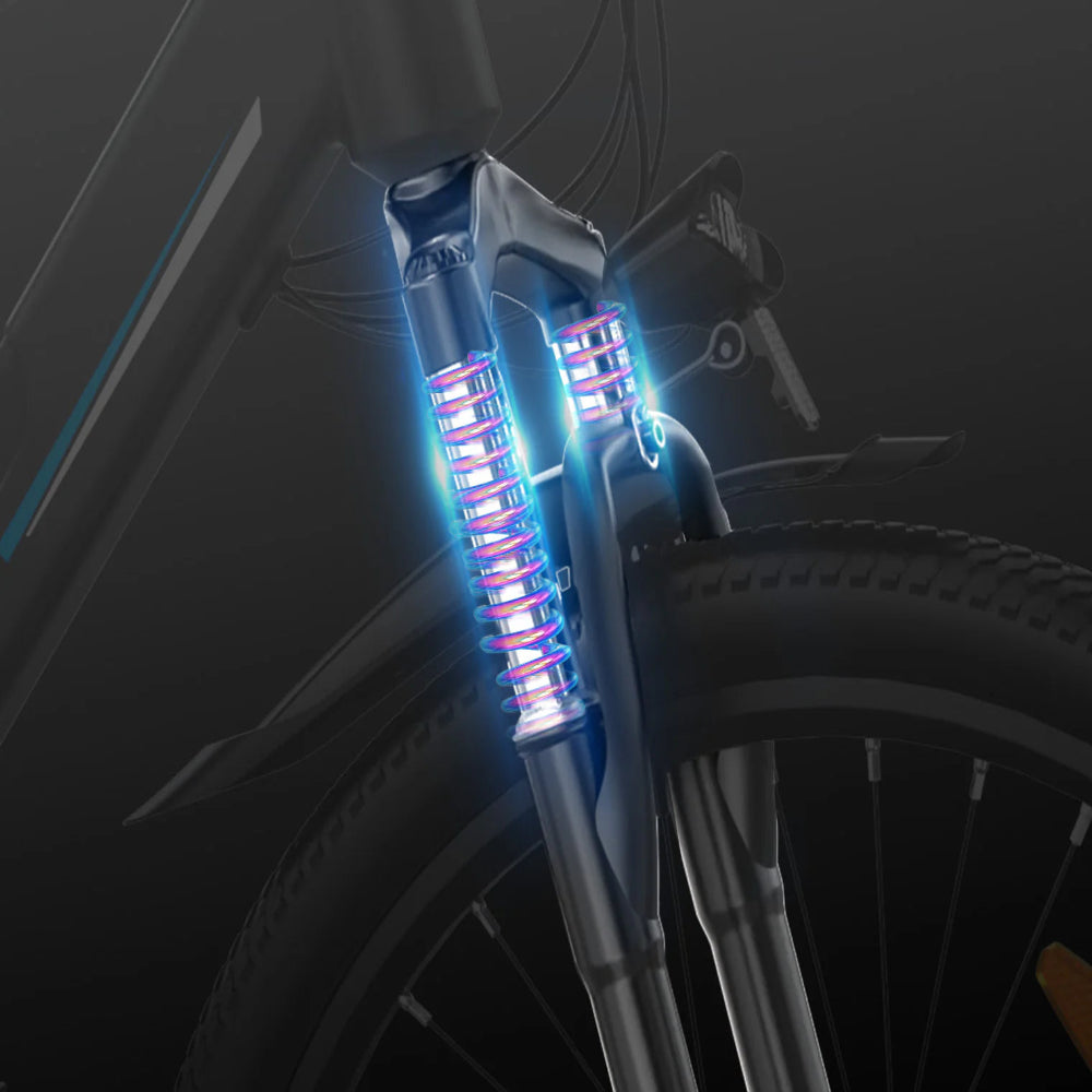 Close-up of a bicycle suspension fork with glowing blue and pink elements on a dark background