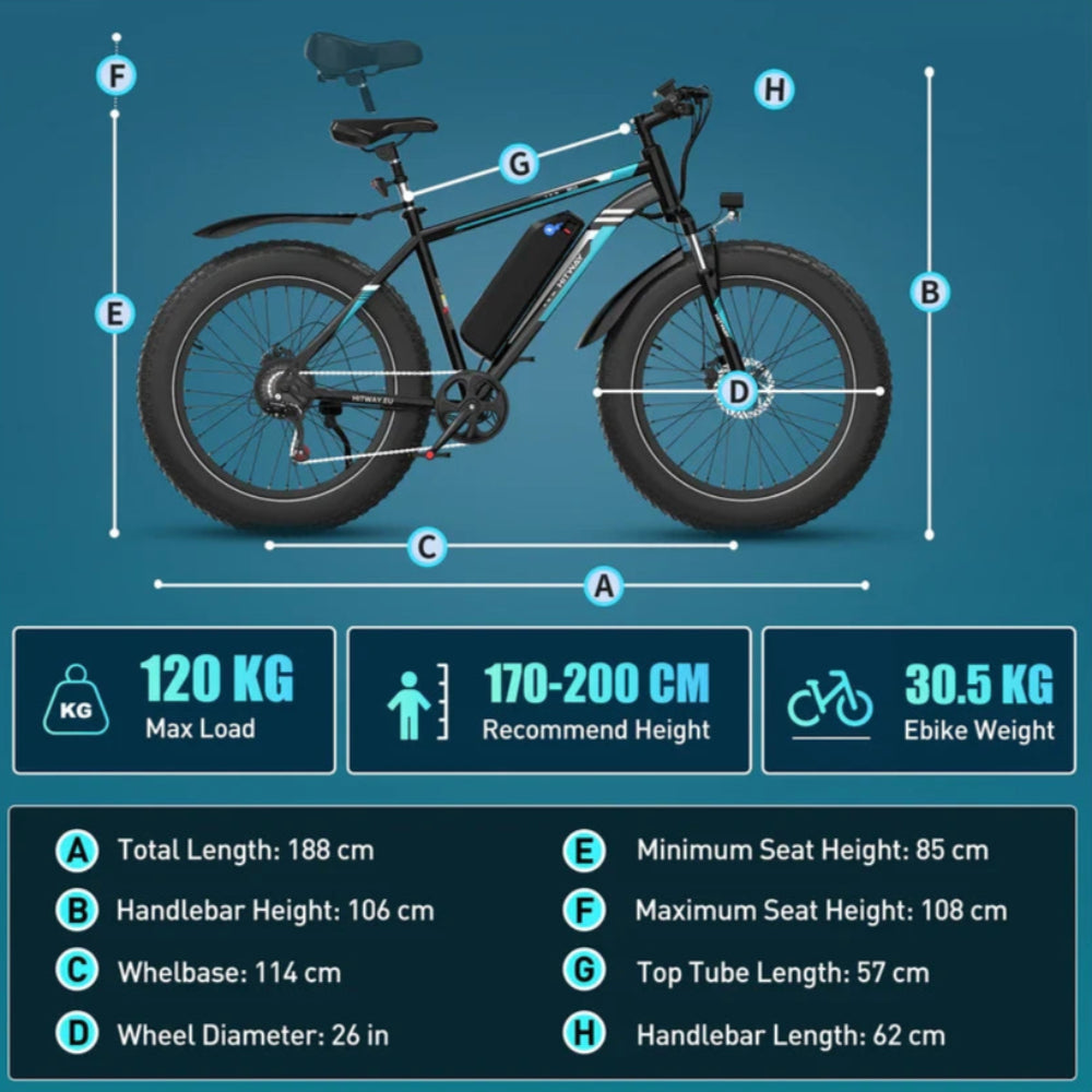 E-bike with detailed measurements on a blue background