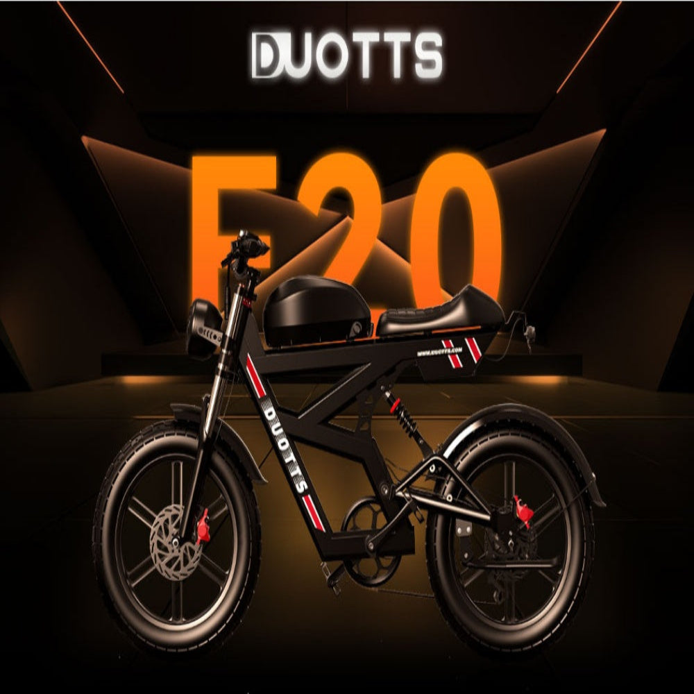 Black electric bike with red accents on a dark background with orange text.
