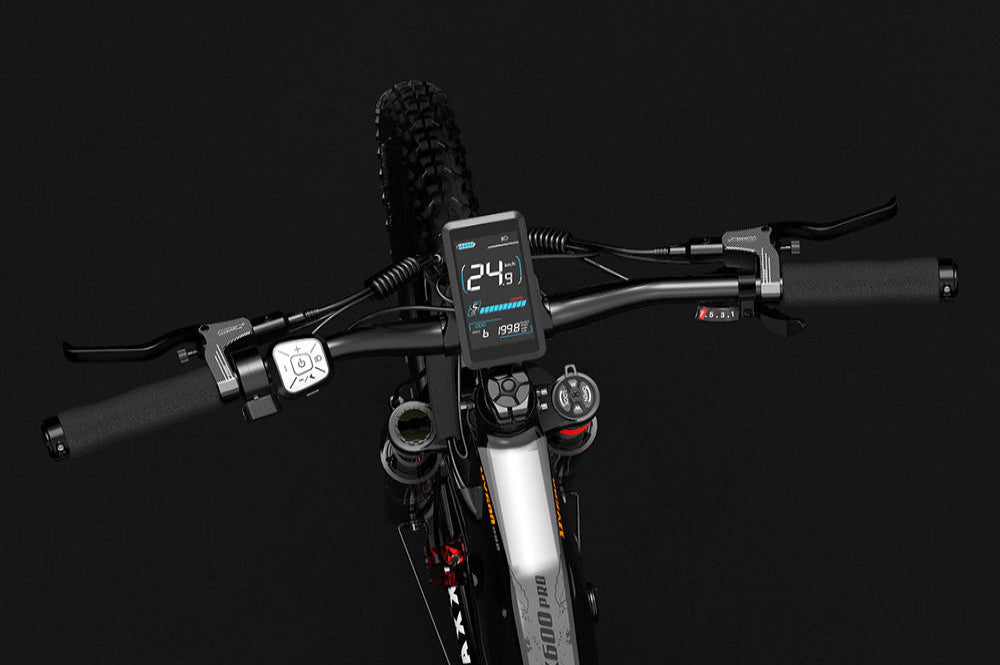 Close-up of a bicycle handlebar with digital display on a black background