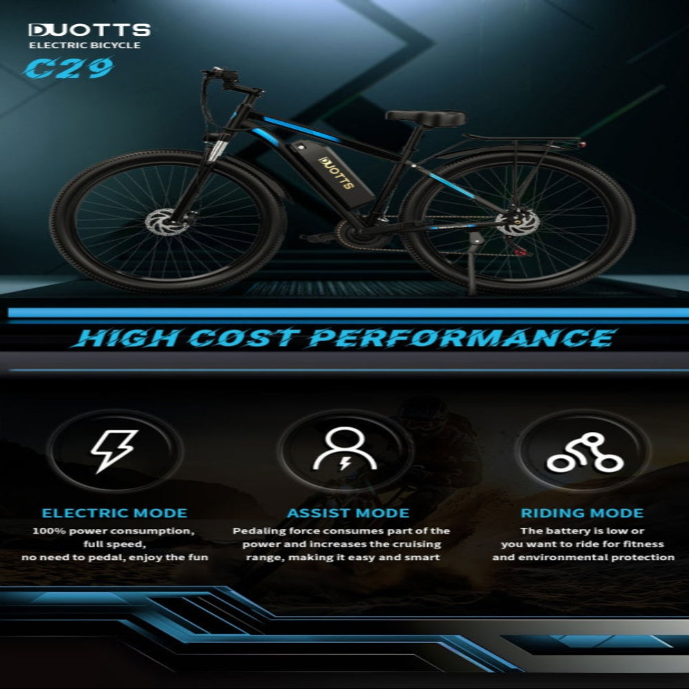 Electric bicycle with features highlighted on a dark background