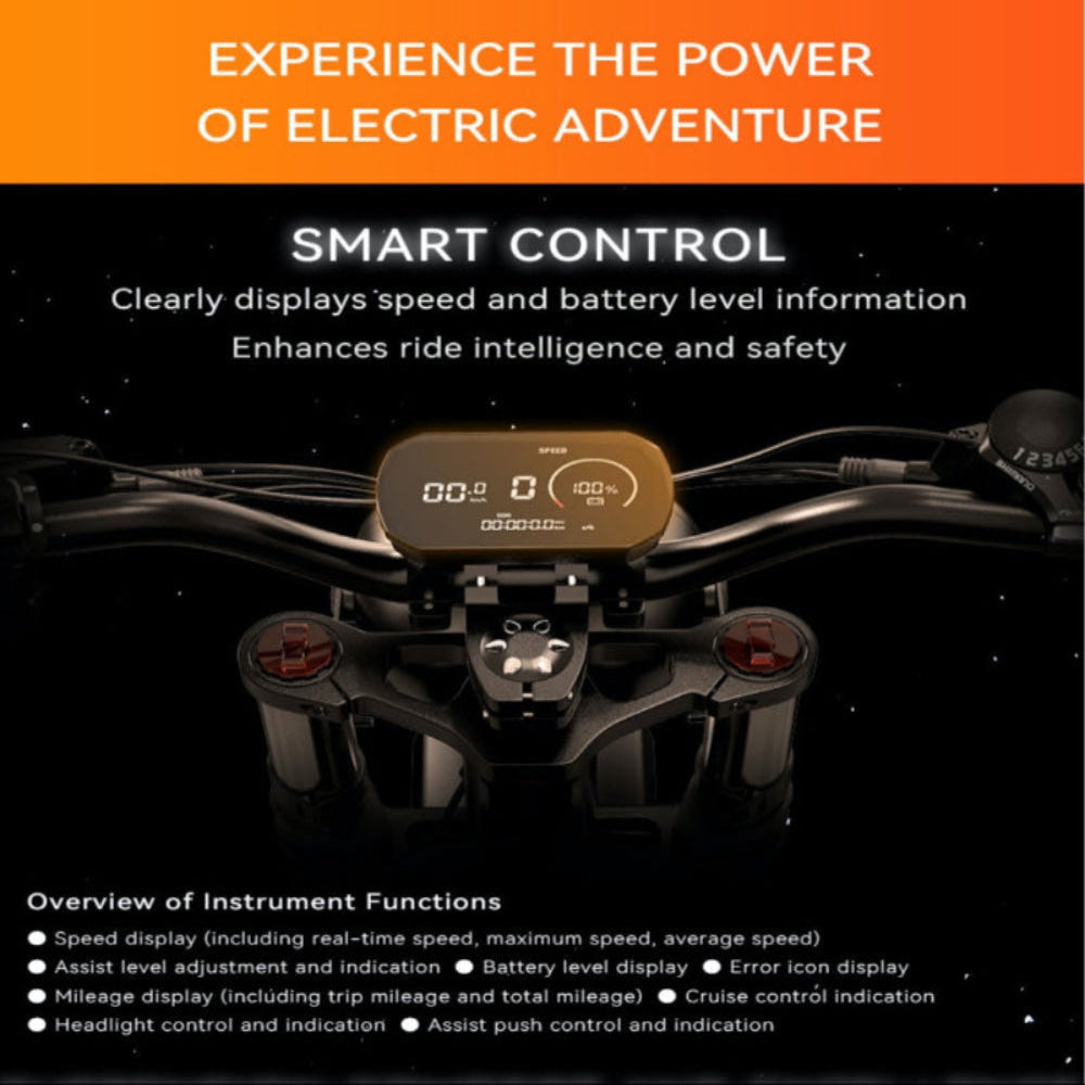 Motorcycle handlebar with digital display and text about electric adventure and smart control.