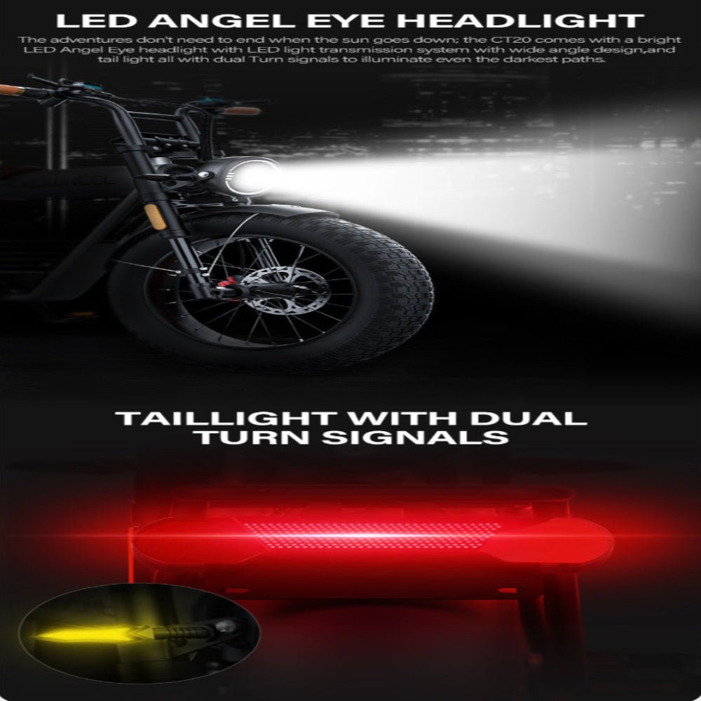 Motorcycle with LED angel eye headlight and tailight with dual turn signals on a dark background.