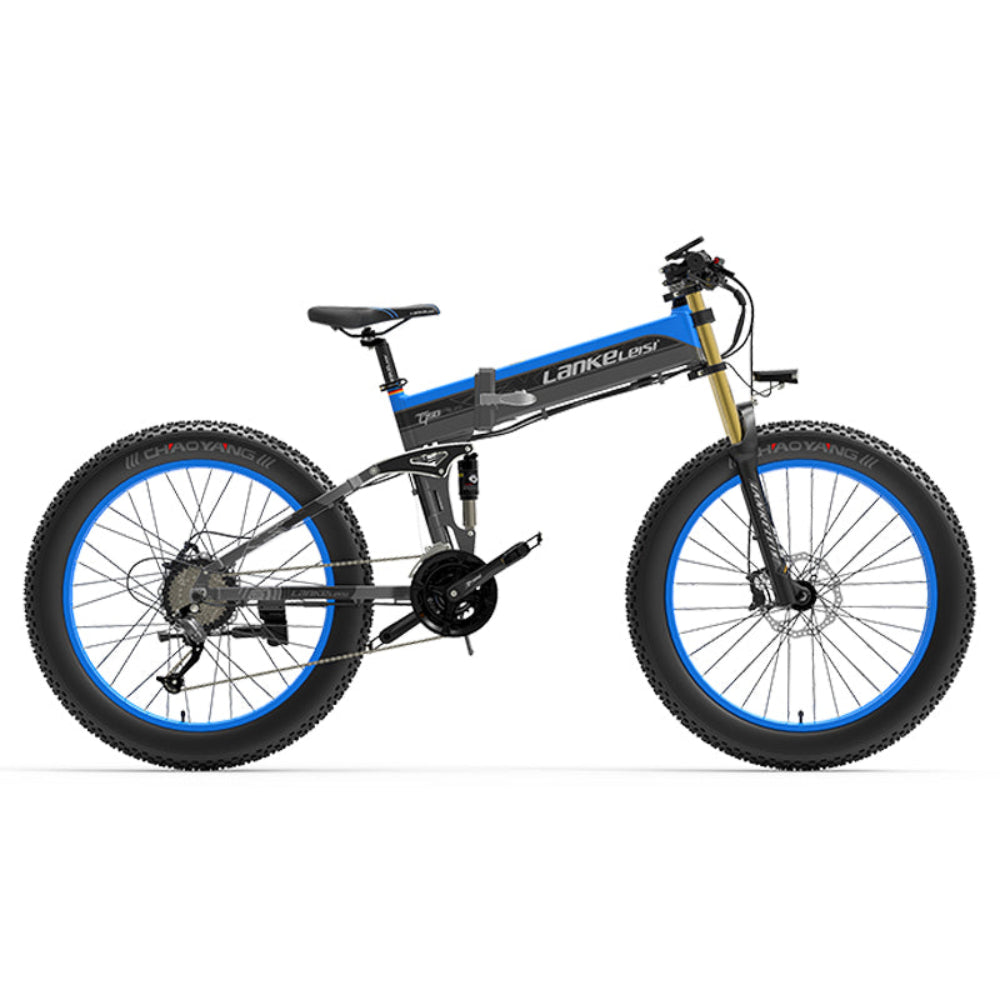 Electric bike with blue rims on a white background
