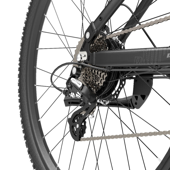 Close-up of a bicycle's rear wheel and gear system on a white background