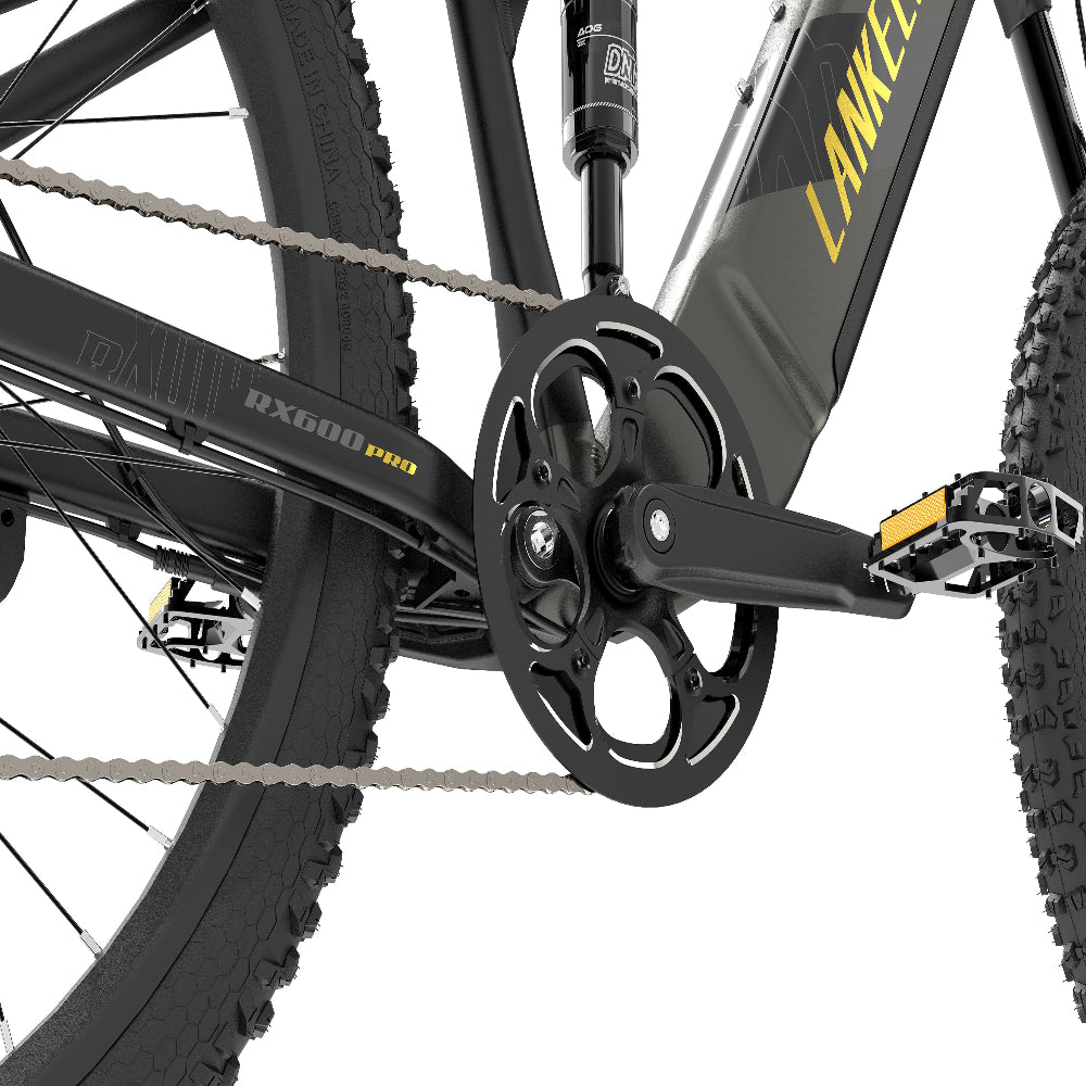 Close-up of a bicycle chain and gear system with 'Lankeleisi' branding.