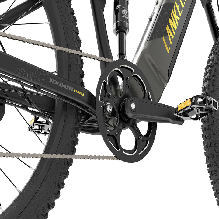 Close-up of a bicycle chain and gear system with 'Lankeleisi' branding.