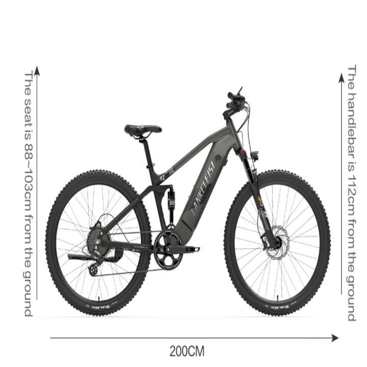 Electric bike with measurements on a white background