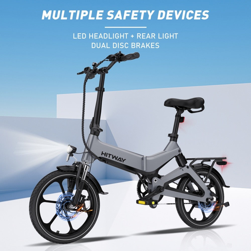Gray Hitway electric bike with safety features on a blue and white background