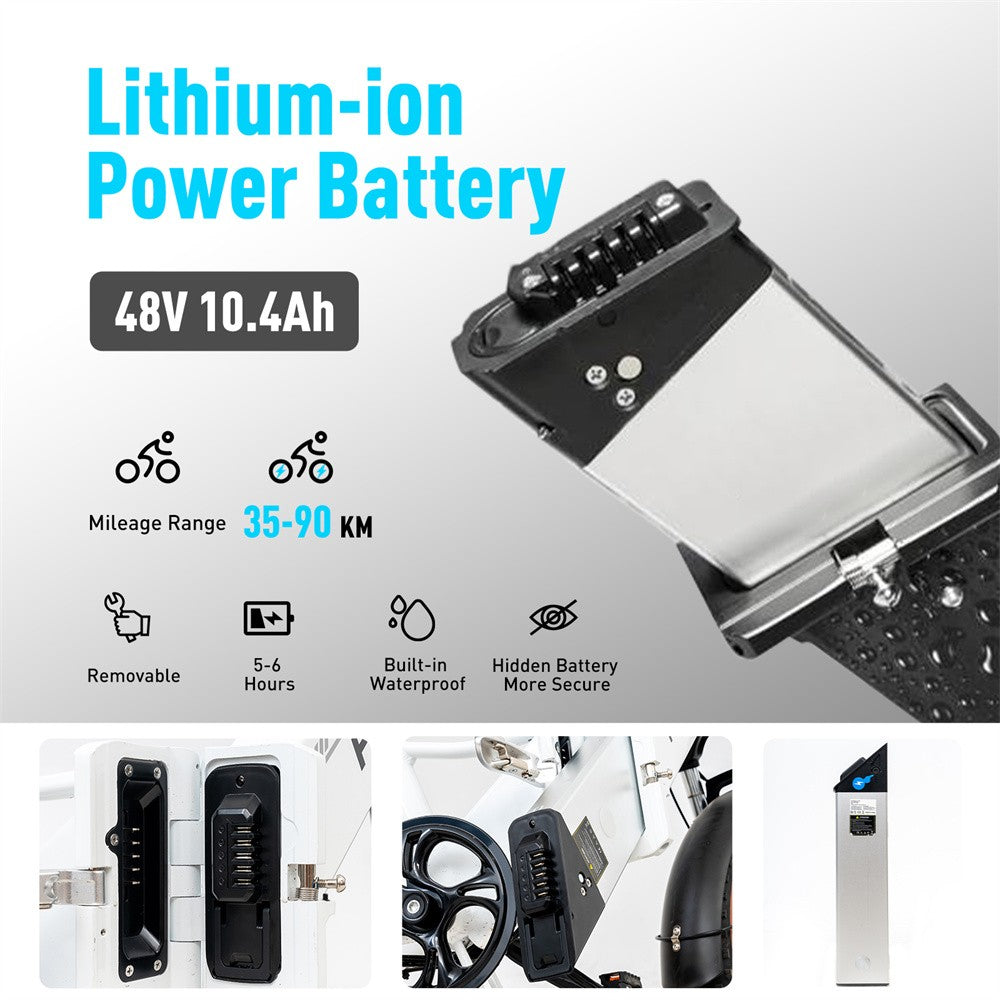 Lithium-ion power battery with specifications and features on a white background