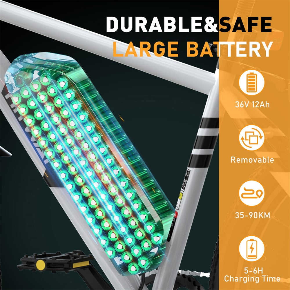 Bicycle battery pack with green lights on a black background, featuring text about durability and safety.