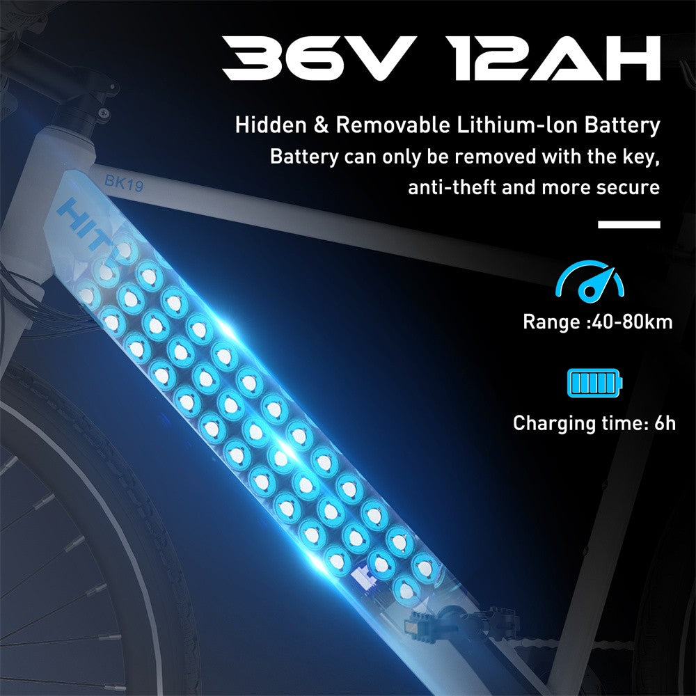 Bicycle battery pack with specifications on a dark background