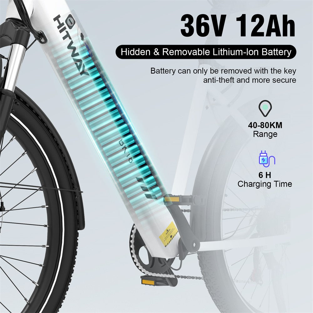 Electric bike with a visible battery pack on a light gray background