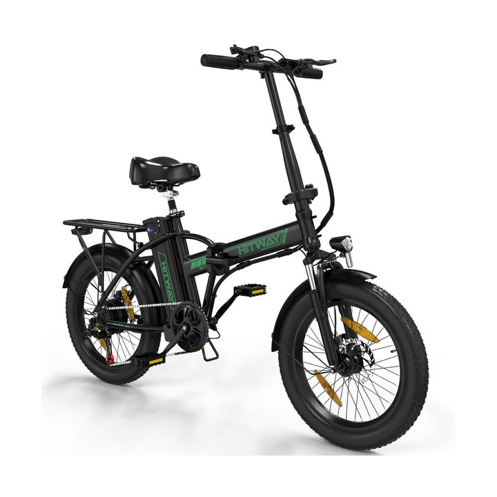 Black electric bike with green branding on a white background